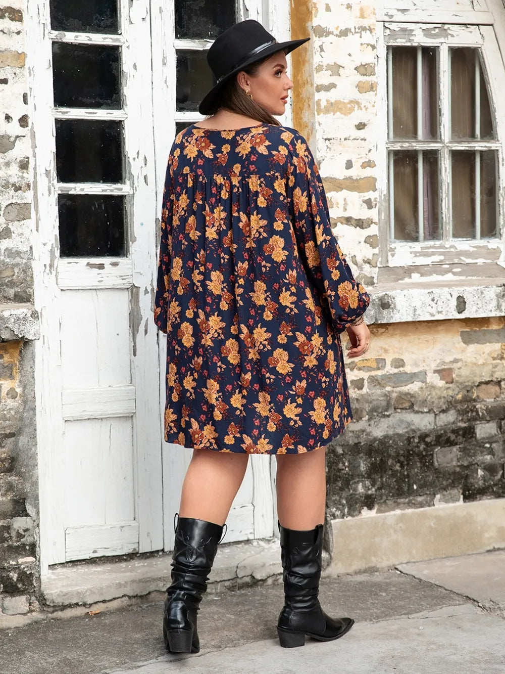 Plus Size Floral V-Neck Balloon Sleeve Dress in Opaque Viscose - Sizes 0XL to 3XL