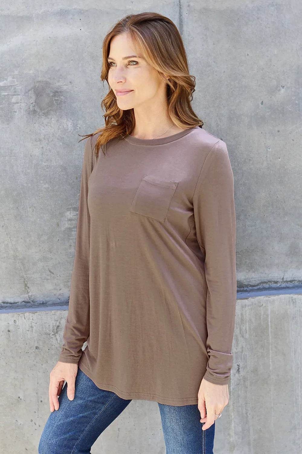 Basic Bae Women's Full Size Round Neck Long Sleeve Top with Pockets and Moderate Stretch - Store 42