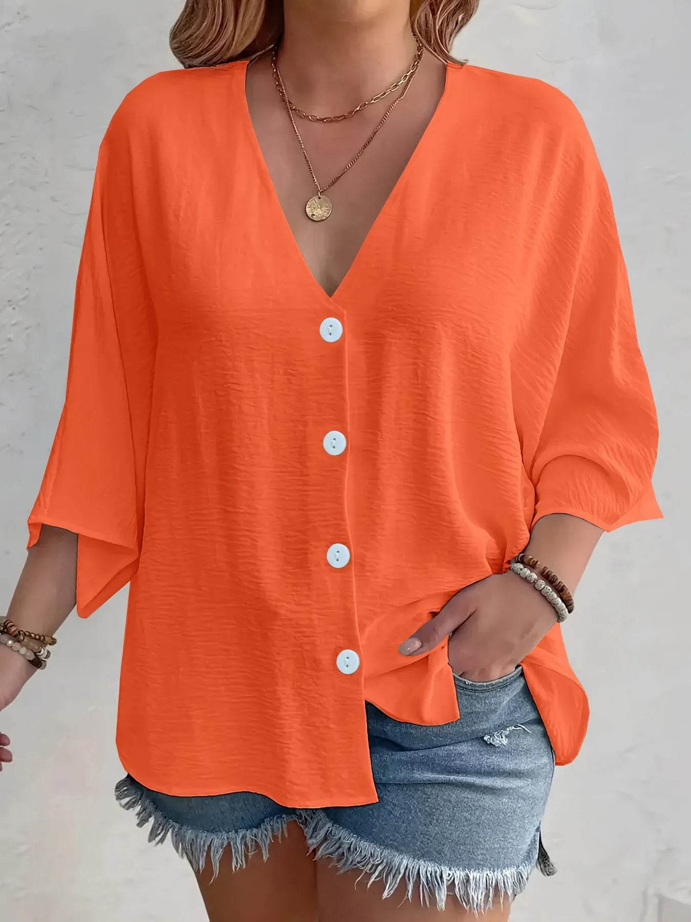Full Size Casual V-Neck Button Down Relaxed Fit Blouse Plus Size - Store 42