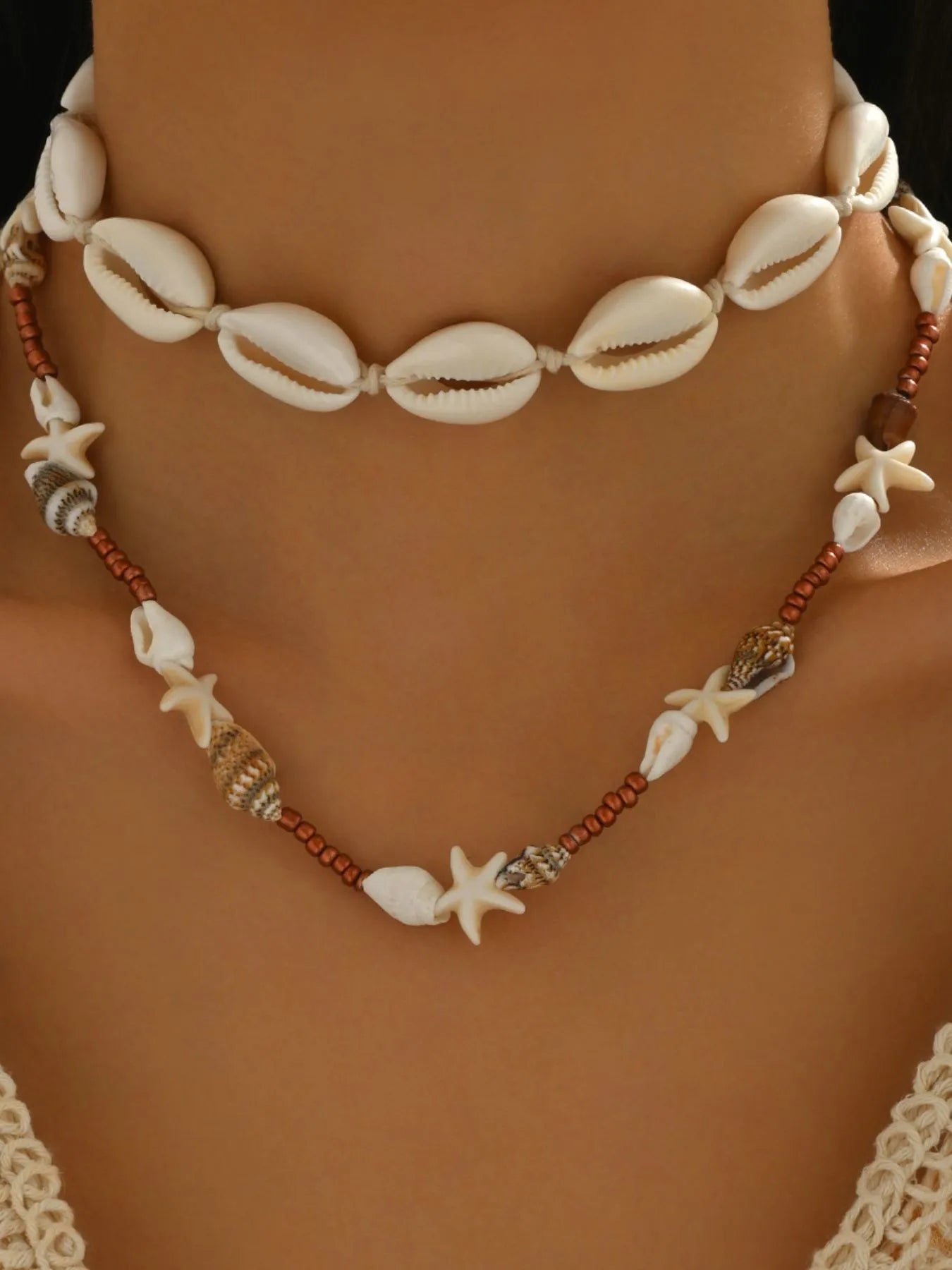 2-Piece Stainless Steel Shell Charm Necklace with Cotton Cord - Stylish Ocean-Inspired Jewelry