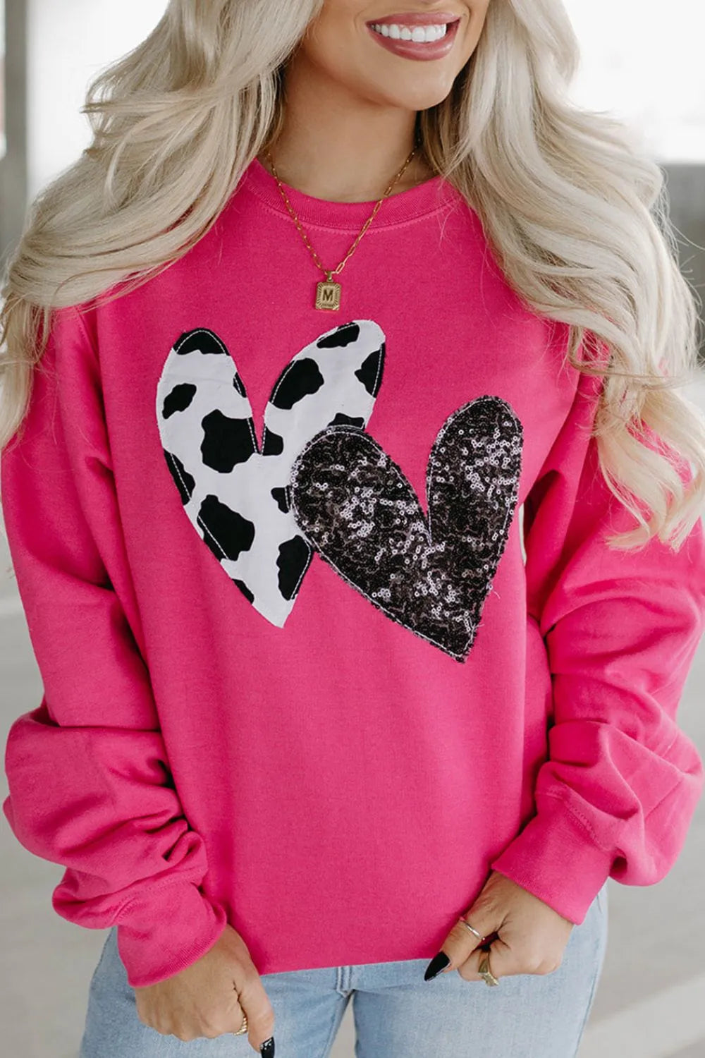 Sequin Heart Patch Long Sleeve Sweatshirt in Opaque Fabric - Slightly Stretchy Comfort