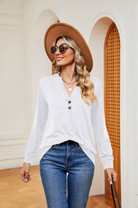 Trendsi Buttoned Notched Neck Long Sleeve Top - Slightly Stretchy Opaque Fabric - Store 42