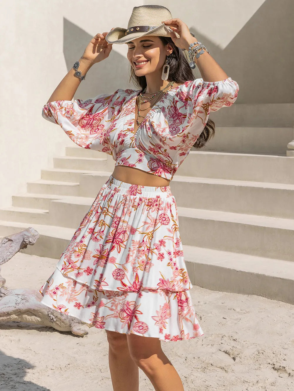 Trendy Two-Piece Printed Half Sleeve Top & Tiered Layered Skirt Set in 100% Viscose