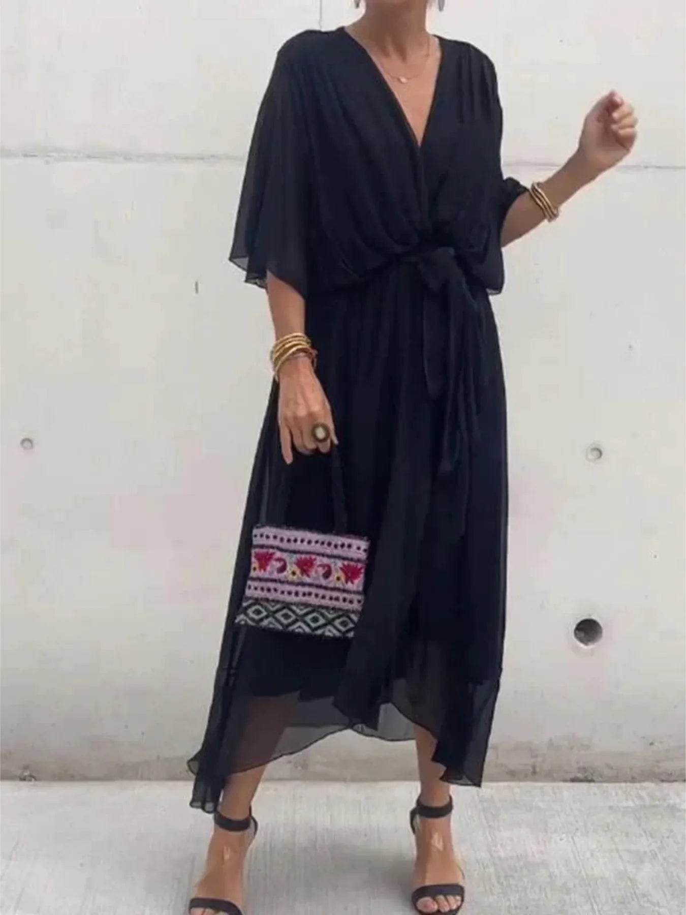 Full Size Flowy Tie Front Midi Dress with Flutter Sleeves Plus Size - Store 42