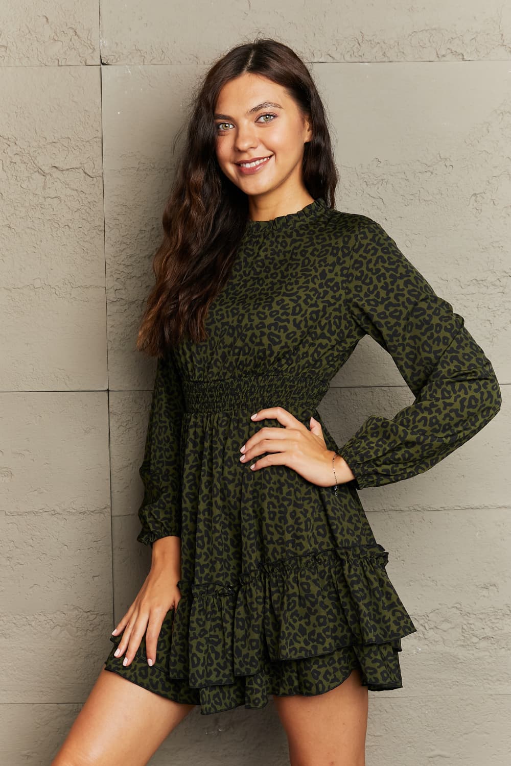 Honey Leopard Print Smock Waist Mini Dress with Ruffle Collar and Long Sleeves