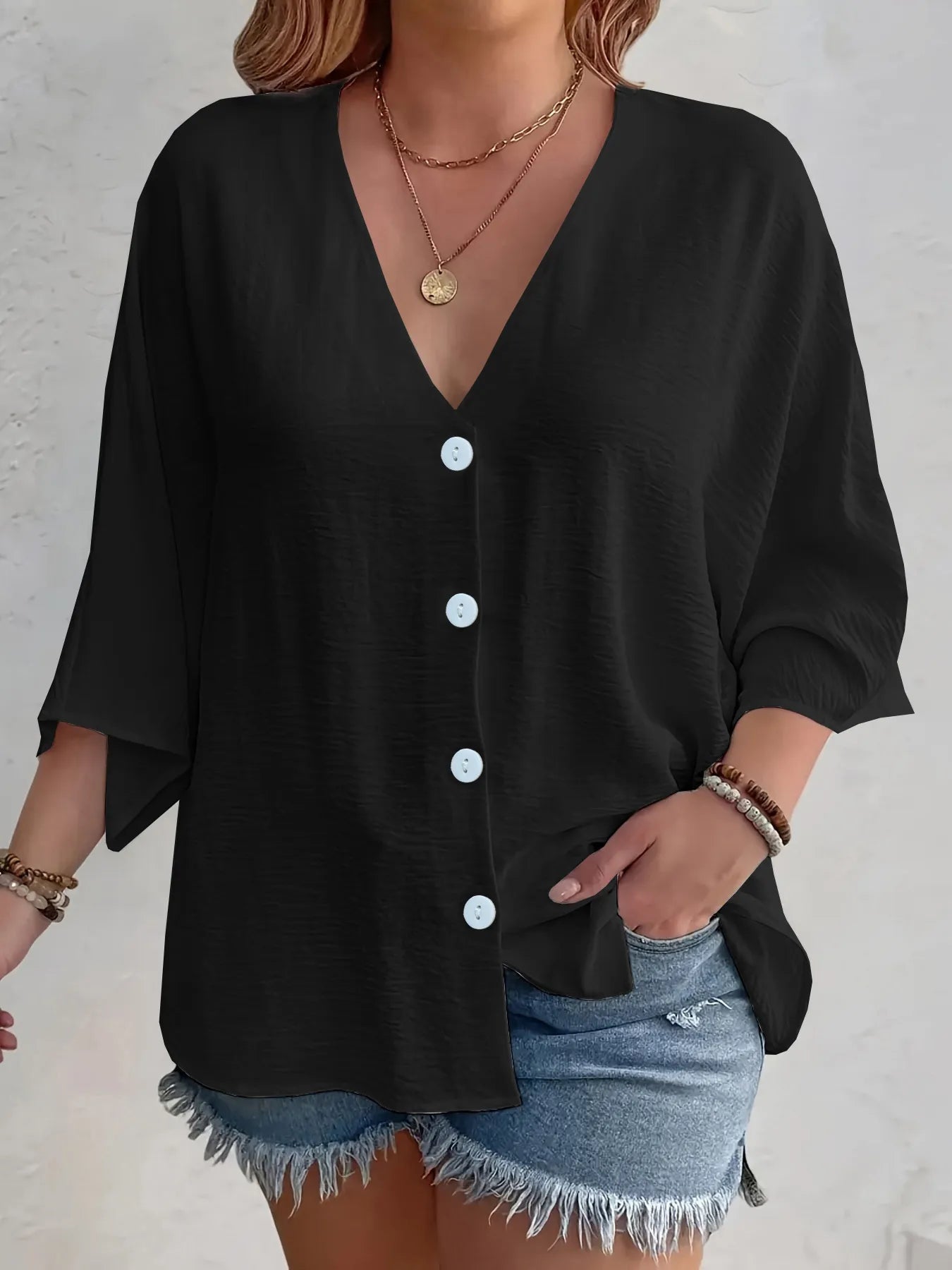 Plus Size V-Neck Button Down Shirt for Women - Stylish 100% Polyester Fabric
