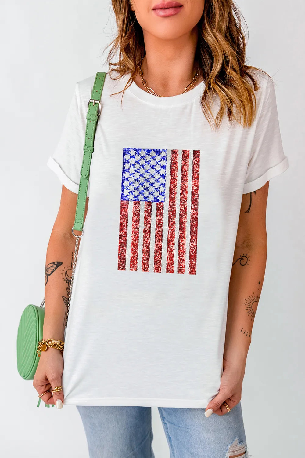 US Flag Sequin Round Neck Short Sleeve T-Shirt - Opaque, Comfortable Fit, Imported