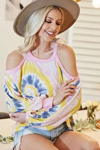 BiBi Tie Dye Print Terry Top with Cold Shoulder Detail - Store 42