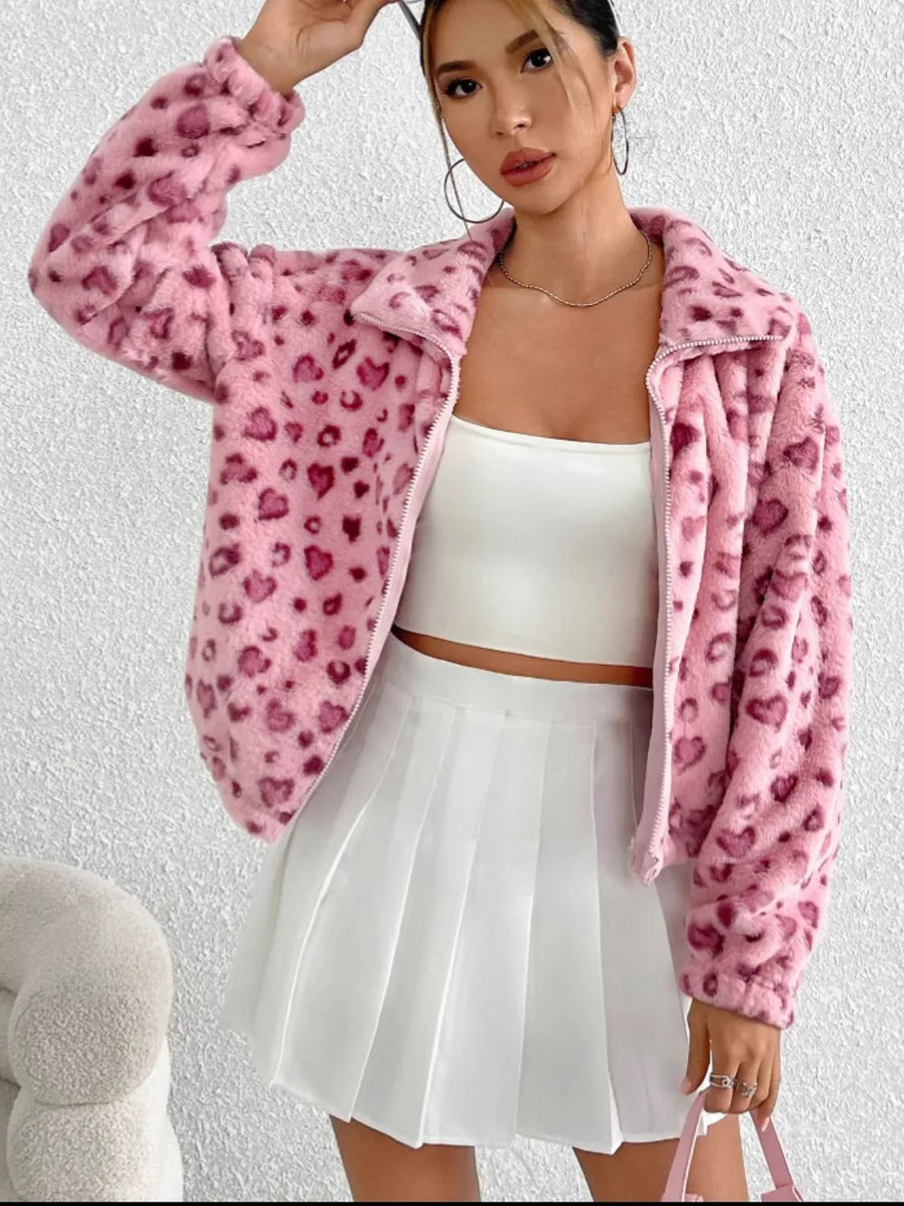 Trendy Leopard Print Furry Zip-Up Jacket with Long Sleeves - 100% Polyester, Machine Washable