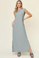 Double Take Full Size Texture Mock Neck Sleeveless Maxi Dress Cloudy Blue