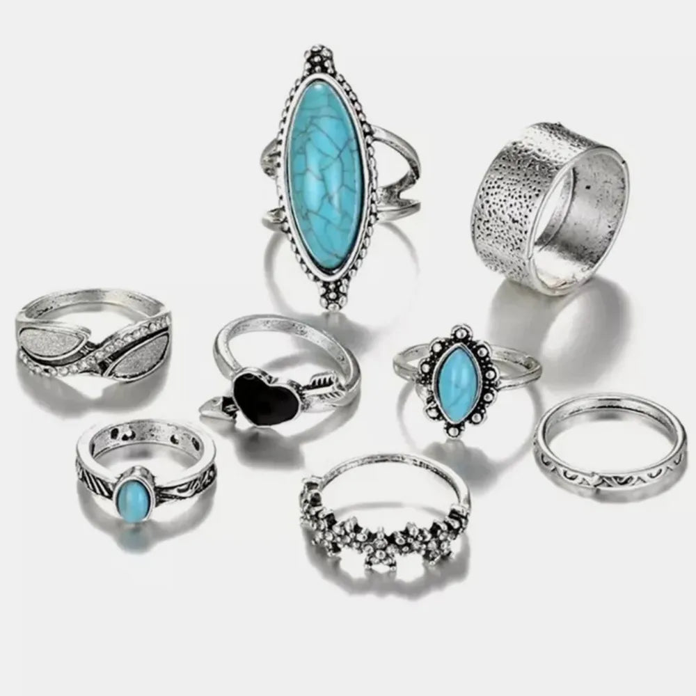 Turquoise Alloy 8-Piece Ring Set - Stylish Jewelry Collection for Unique Outfits