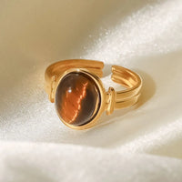 Vintage Natural Stone Gold Plated Adjustable Ring Brown One Size