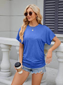 Slightly Stretchy Ruched Round Neck Short Sleeve T-Shirt for Women - Casual Basic Tops - Store 42