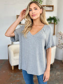 Basic Bae Full Size Bamboo Slit V-Neck Short Sleeve T-Shirt Gray
