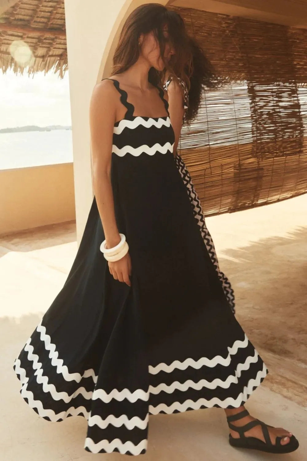Square Neck Wide Strap Dress with Contrast Trim - 100% Polyester, Opaque Style