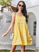 Ruffled Plaid Square Neck Mini Dress Yellow