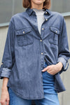Pocketed Collared Neck Long Sleeve Denim Top Navy
