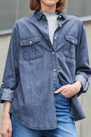 Pocketed Collared Neck Long Sleeve Denim Top Navy