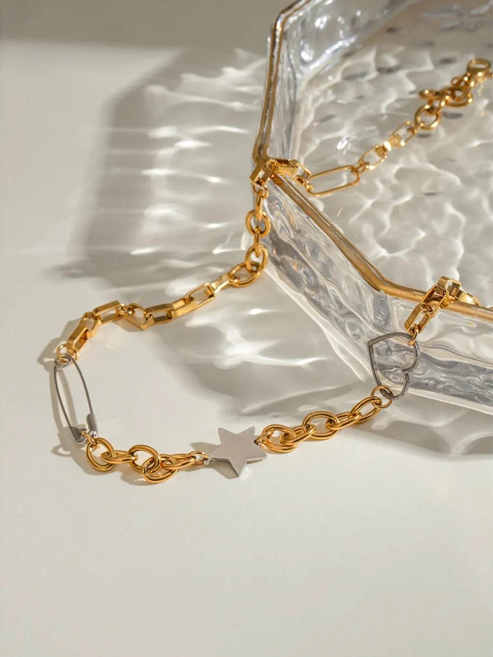 Elegant 18K Gold-Plated Stainless Steel Star Heart Necklace - 17.7 Inch Chain