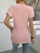 Trendy Hollow Out Waffle Knit Short Sleeve T-Shirt - Soft Stretchy Fabric, Eyelet Detail - Store 42