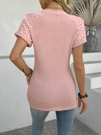 Trendy Hollow Out Waffle Knit Short Sleeve T-Shirt - Soft Stretchy Fabric, Eyelet Detail - Store 42