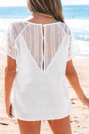 Lace Crochet Button Back V-Neck T-Shirt - Semi-Sheer 100% Cotton Top for Stylish Comfort - Store 42