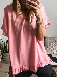 Ruffle Hem Round Neck Relaxed T-Shirt Pale Blush
