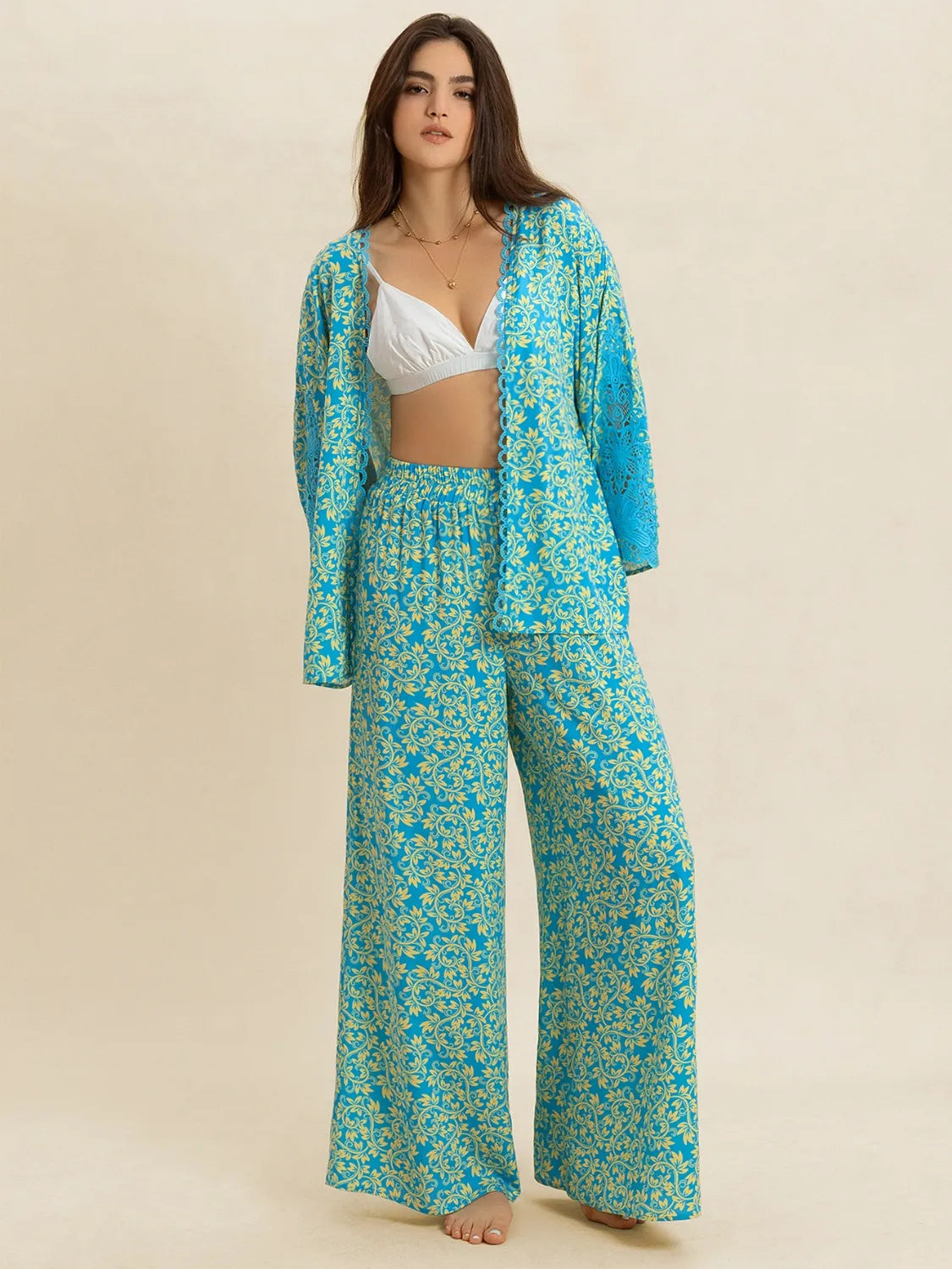 Stylish Lace Detail 2-Piece Open Front Top and Pants Set for Effortless Chic Fashion
