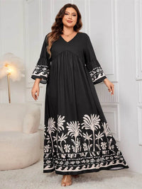 Honey Plus Size Printed V-Neck Long Sleeve Maxi Dress - Store 42