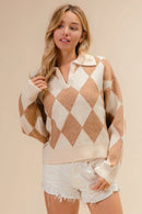BiBi Diamond Pattern Collared Notch Neck Sweater