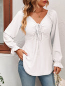 Mandy Tie Front V-Neck Blouse with Flounce Sleeves in Solid Casual Style - Store 42