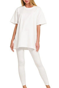 Zenana Cotton Round Neck Top & Legging Set WHITE