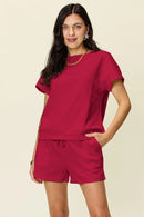 Double Take Full Size Texture Short Sleeve T-Shirt and Drawstring Shorts Set Deep Red
