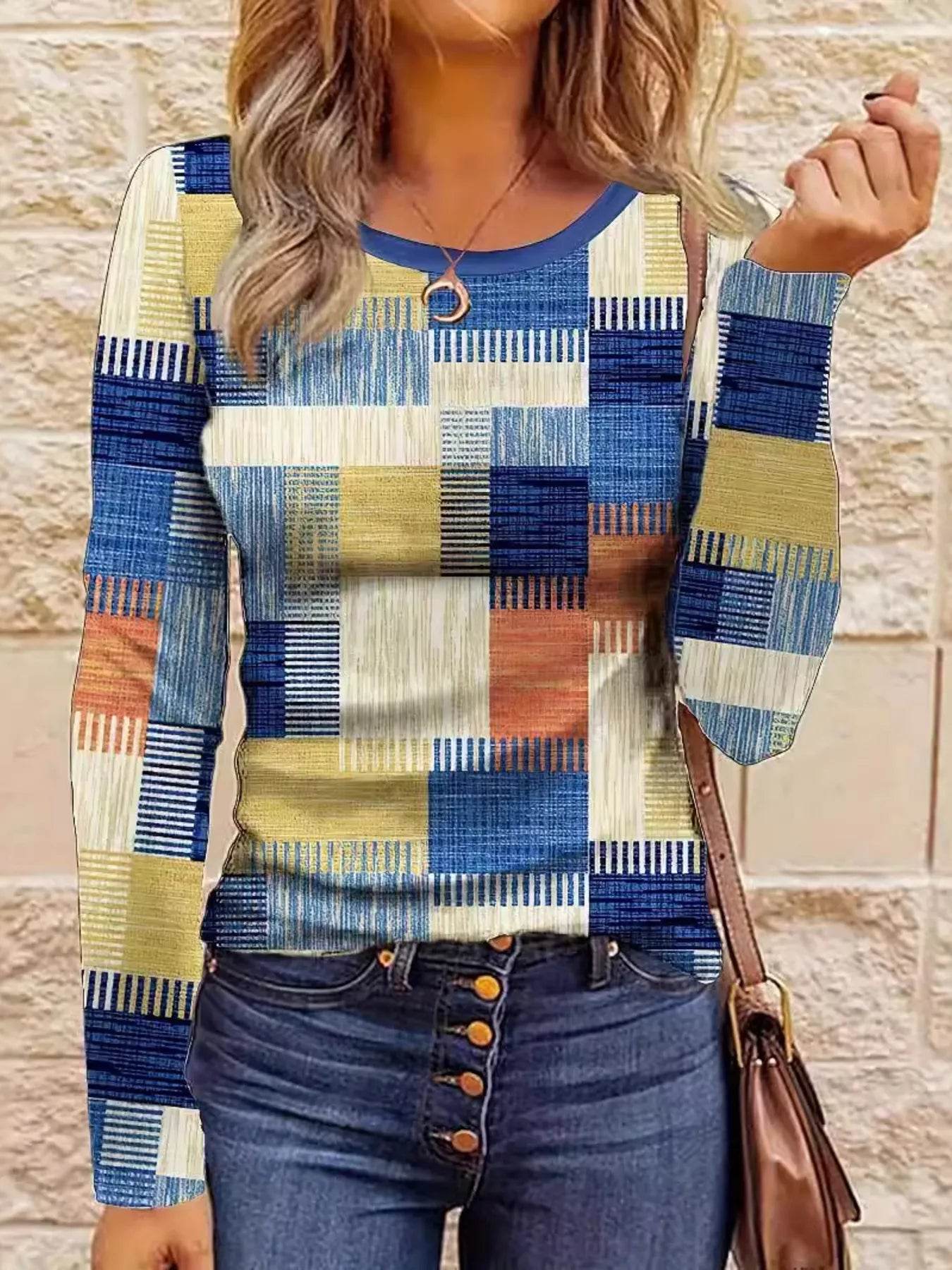 Trendy Color Block Long Sleeve T-Shirt for Women - 100% Polyester, Slightly Stretchy Fabric