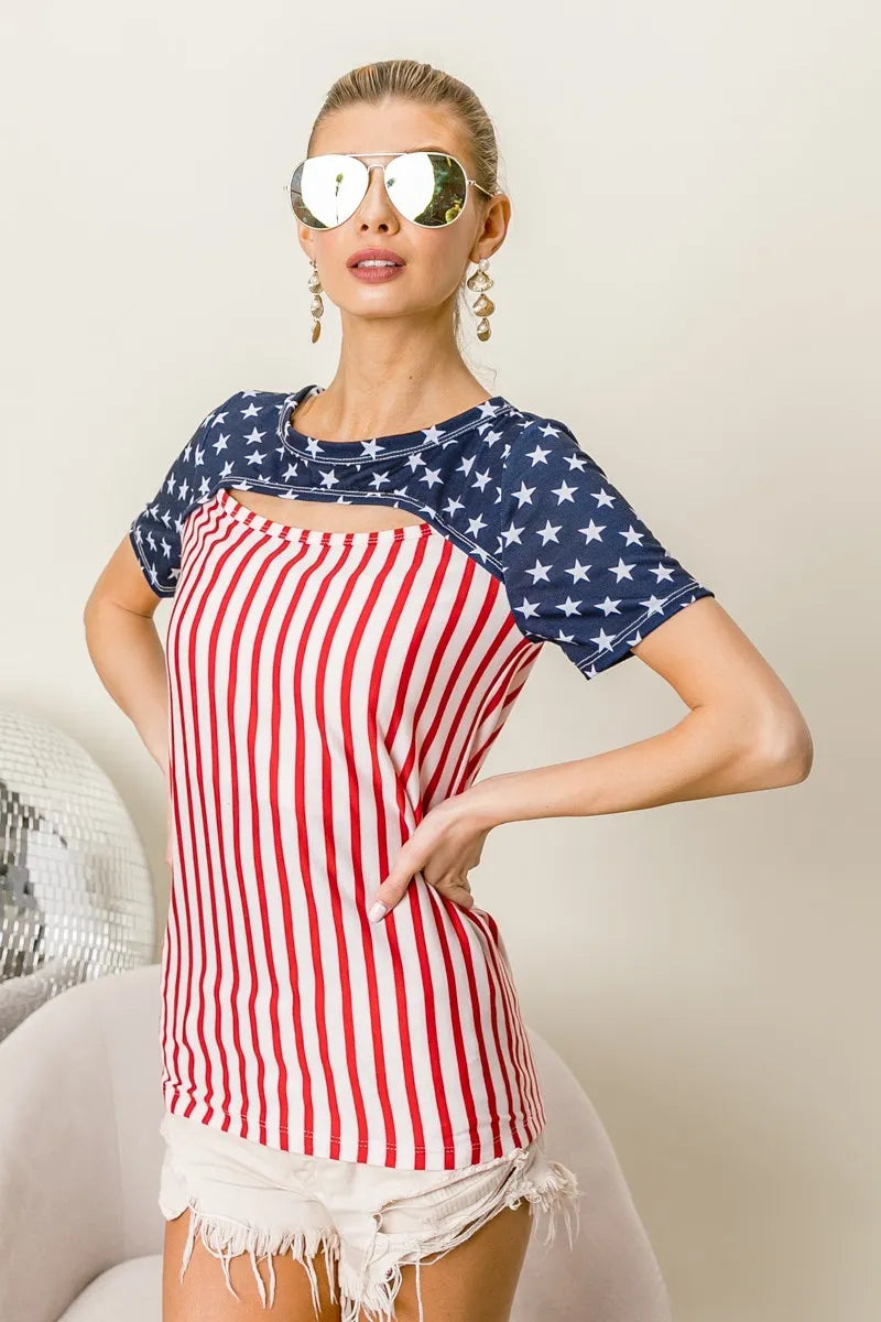 Trendy American Flag Cut Out Top - Edgy Patriotic Fashion Piece in 100% Polyester