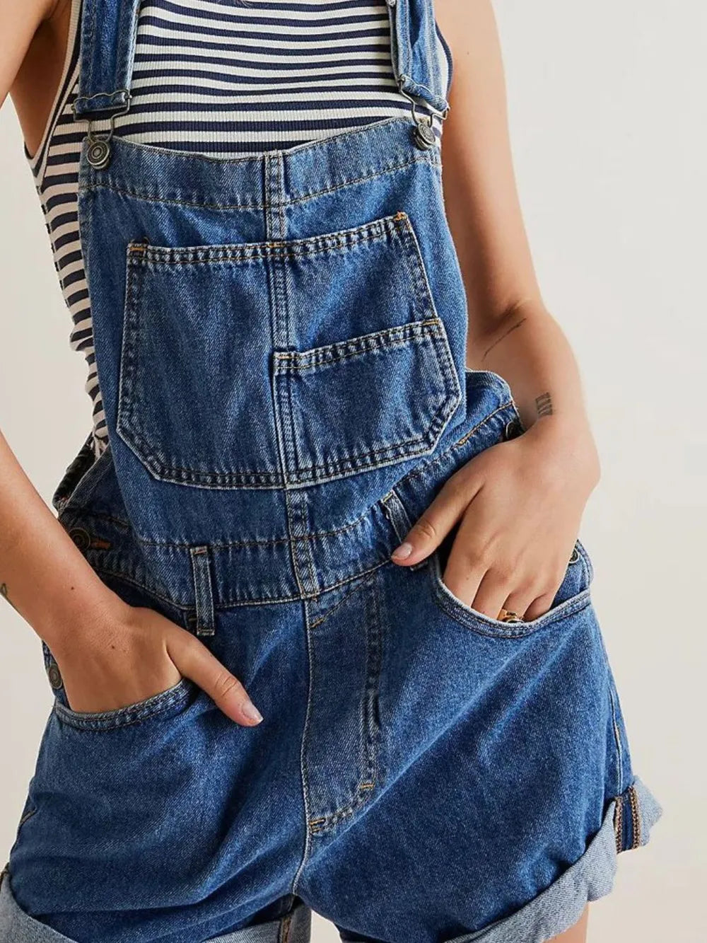 Stylish Wide Strap Square Neck Denim Overalls with Pockets - 65% Cotton, No Stretch