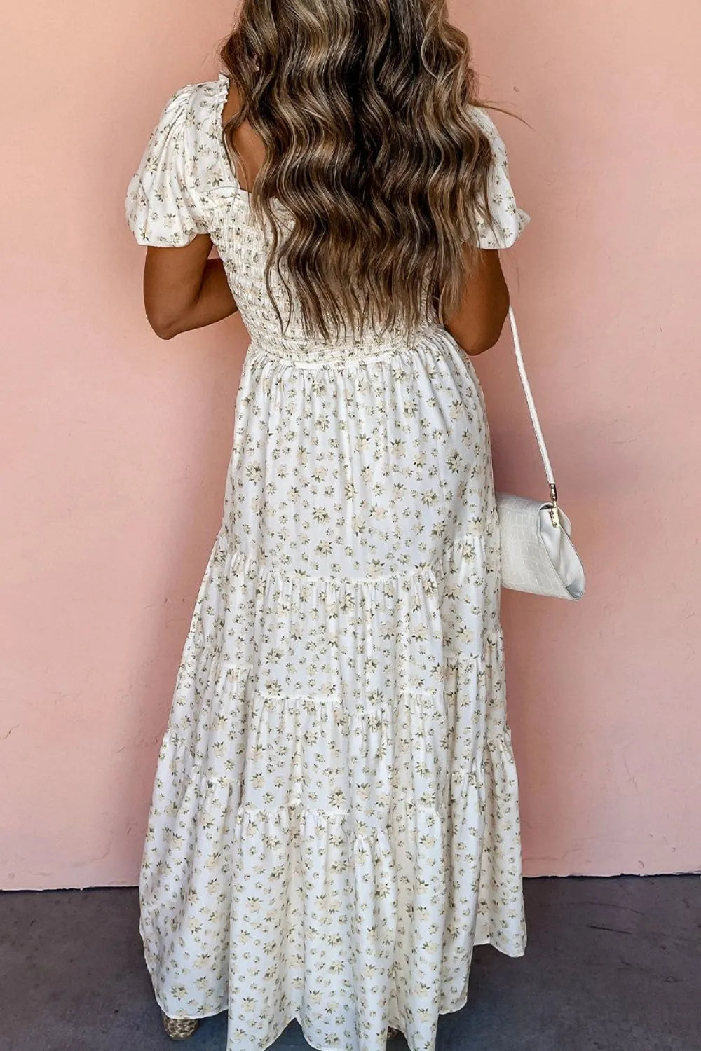 Floral Smocked Maxi Dress with Short Puff Sleeves, Tiered Design, 100% Polyester