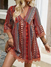 Lace Trim Printed V-Neck 3/4 Sleeve Dress Rust