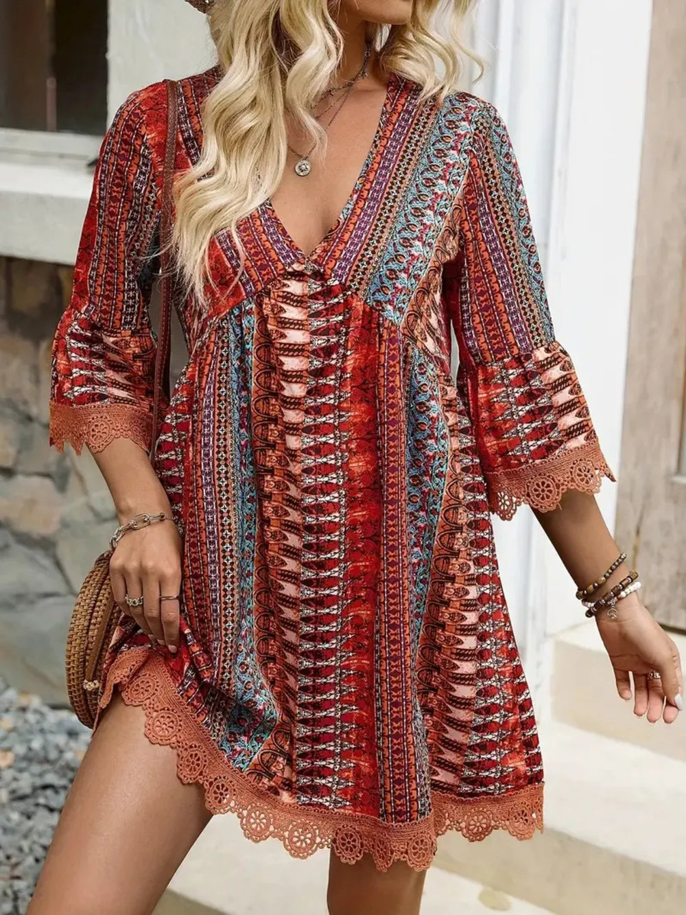 Lace Trim Printed V-Neck Dress with 3/4 Sleeve - Opaque, Non-Stretch, Elegant Style