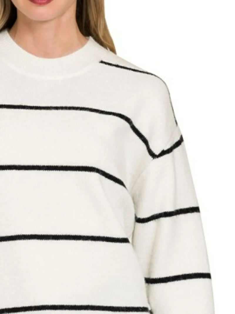 Zenana Oversized Stripe Sweater with Round Neck - Classic Casual Pullover for Effortless Style