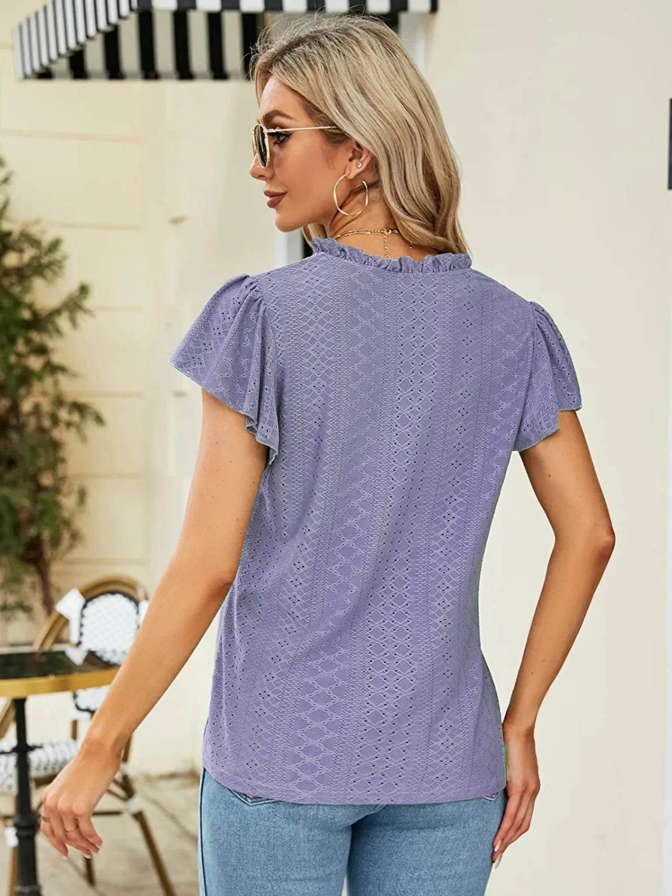 Trendsi Eyelet Notched Short Sleeve T-Shirt with Ruffled Frills - Slightly Stretchy Fabric - Store 42