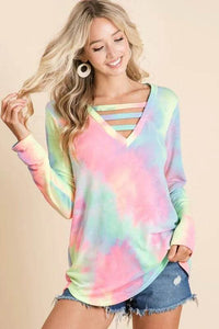 BiBi Tie Dye French Terry V-Neck Top with Strapped - Store 42