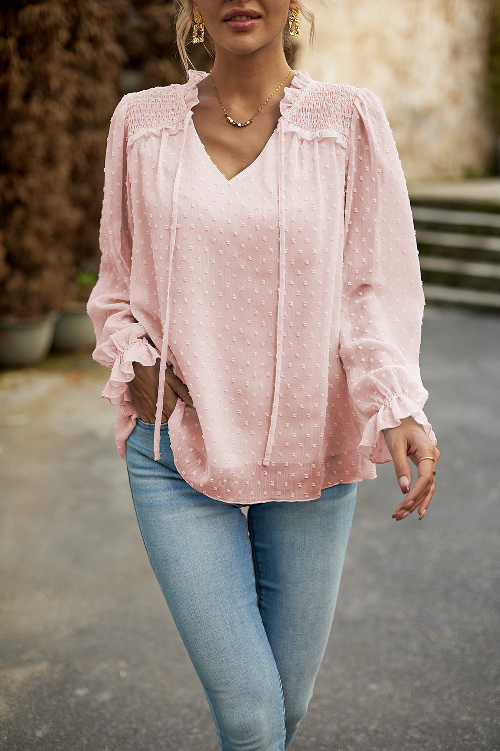 Trendy Devine Swiss Dot Blouse with Smocked Shoulders and Tied Detail - Opaque, Slightly Stretchy Design