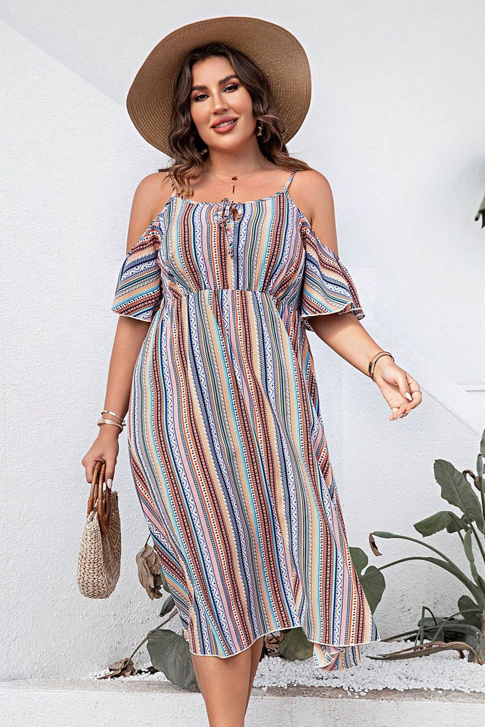 Plus Size Multicolored Striped Cold-Shoulder Midi Dress with Tied Details - Classy A-Line Design