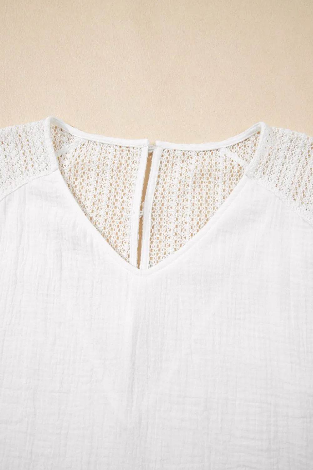 Lace Crochet Button Back V-Neck T-Shirt - Semi-Sheer 100% Cotton Top for Stylish Comfort - Store 42