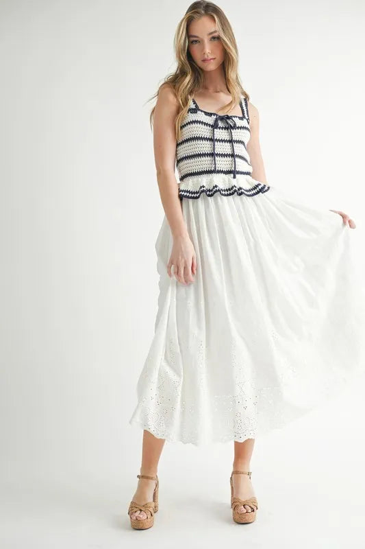 MABLE Midi Dress With Crochet Stripes And Eyelet Mix - Stylish Tied Ruffled Design