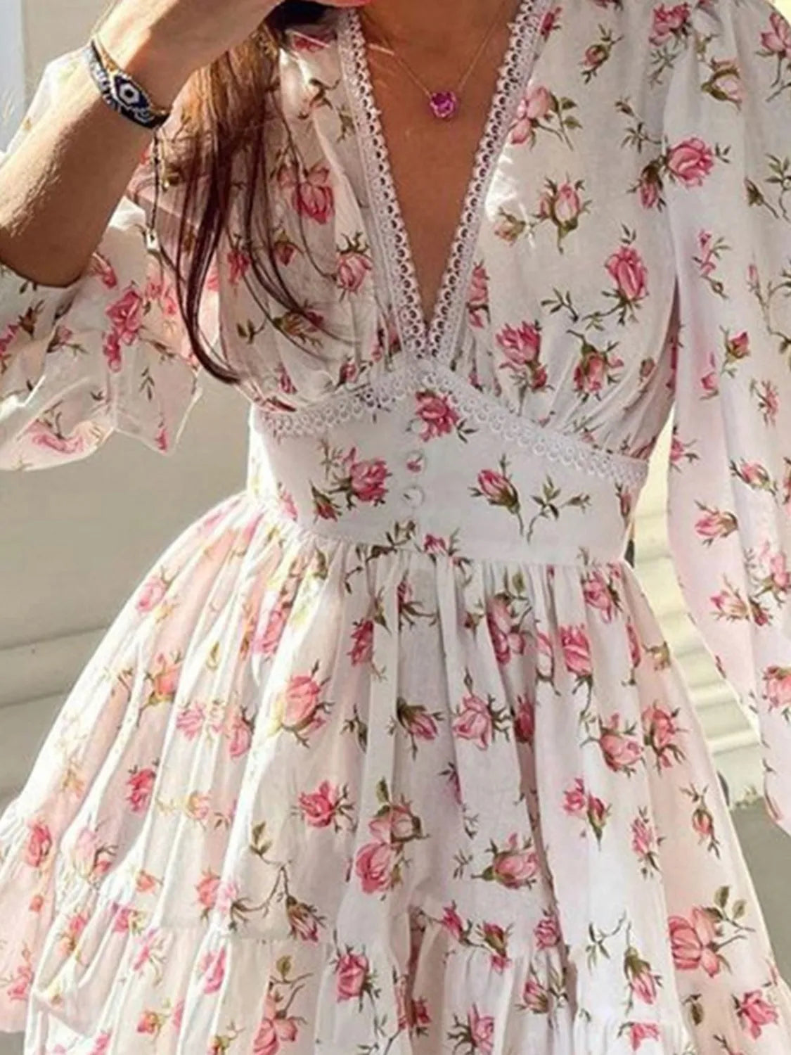 Elegant Lace Detail V-Neck Balloon Sleeve Dress with Decorative Buttons - Opaque Fabric
