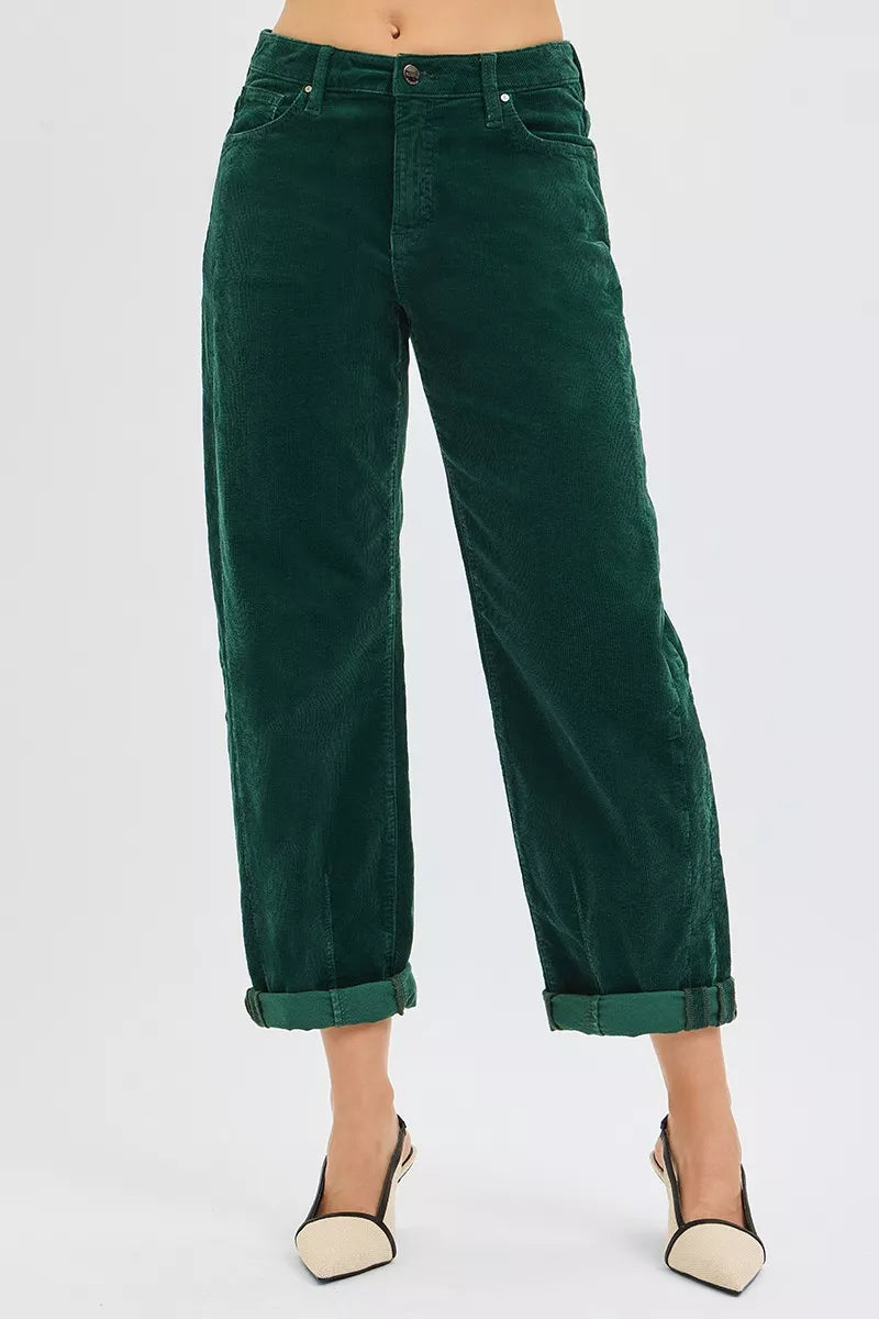 Trendy High Rise Crop Barrel Corduroy Pants with Pockets - Vintage-Inspired Style