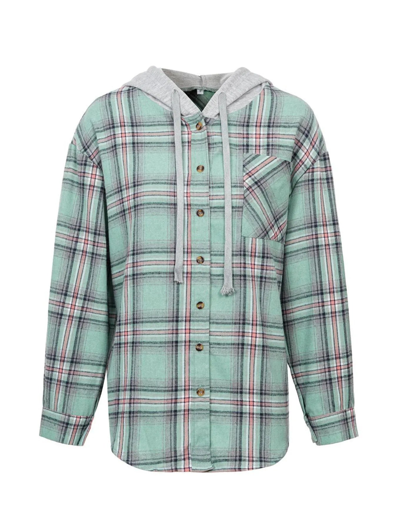 Plaid Button-Up Hooded Shirt Green