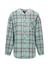 Plaid Button-Up Hooded Shirt Green